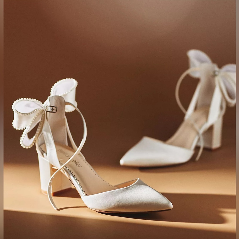 Molly - Elegant Silk Ivory Heels with Bow and Pearl Accent by Bella Belle